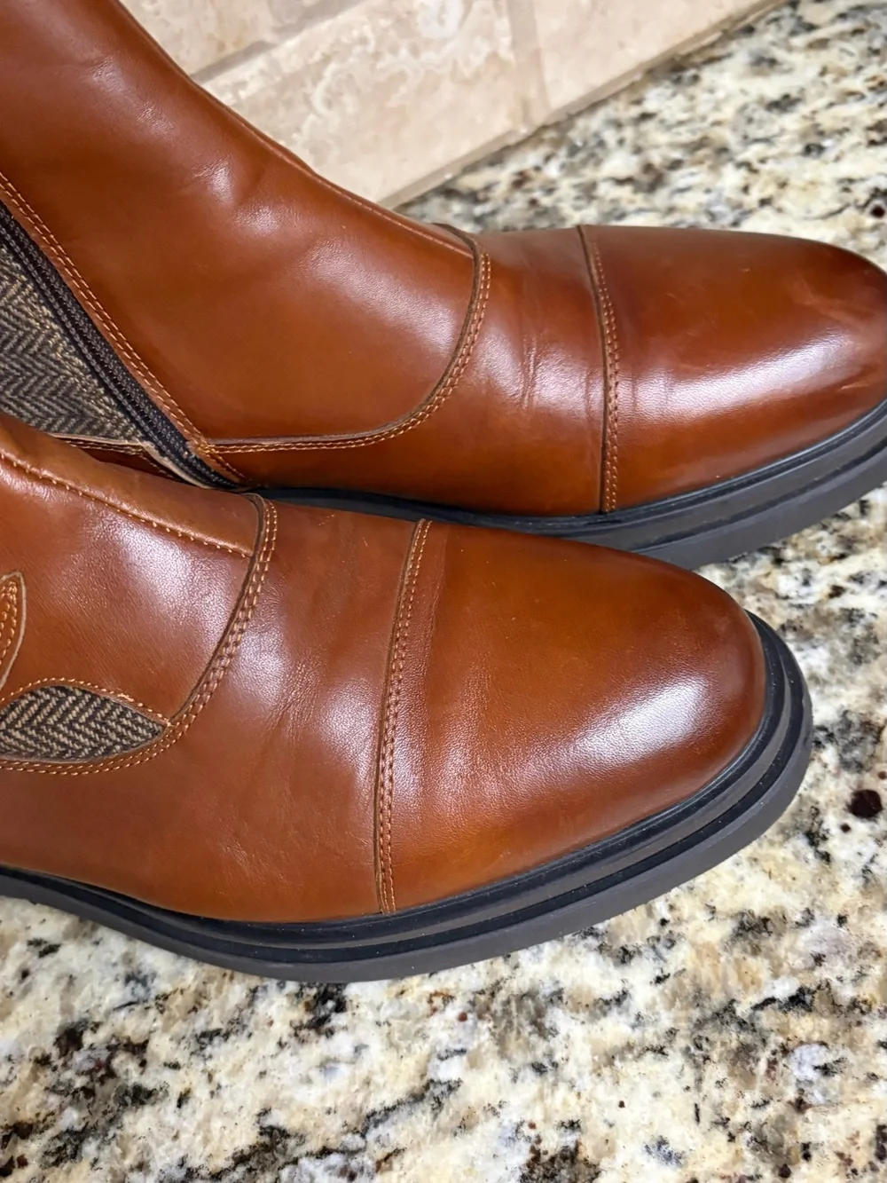 Men's Leather Ankle Boots in Cognac with Herringbone Panel